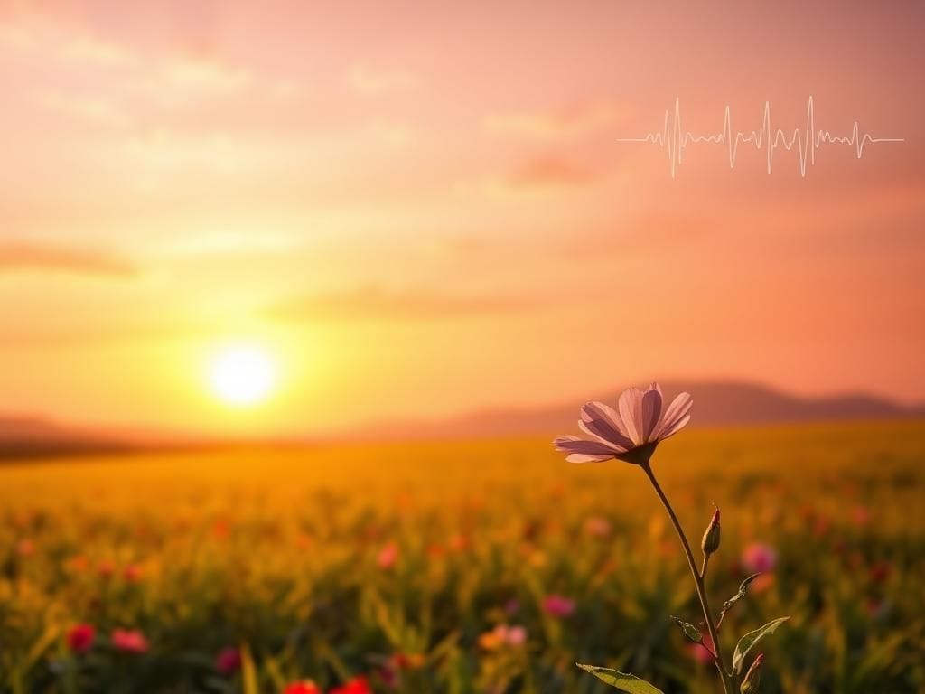 Flick International A serene landscape depicting a vibrant field during golden sunset, symbolizing hope and resilience against cancer.