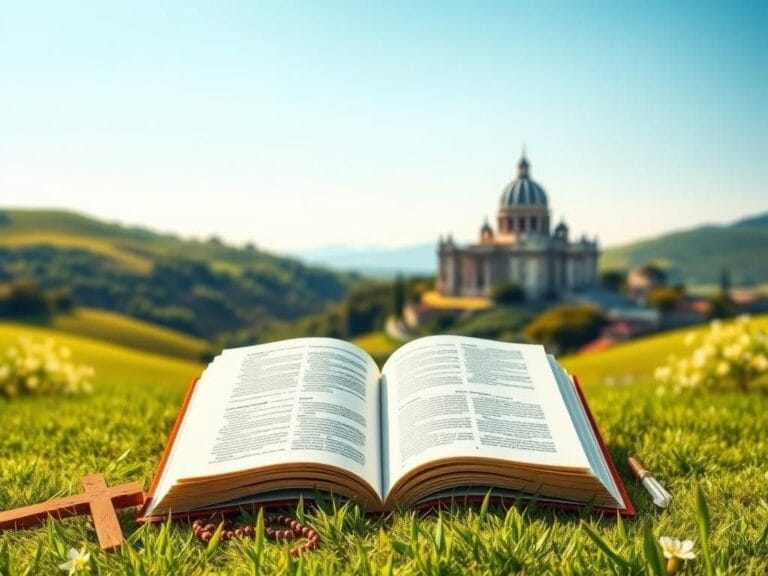 Flick International A serene landscape of Castel Gandolfo with an open book and symbols of faith.