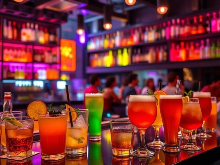 Flick International Vibrant bar scene with colorful cocktails and beers showcasing youthful drinking habits
