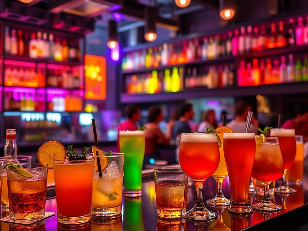Flick International Vibrant bar scene with colorful cocktails and beers showcasing youthful drinking habits