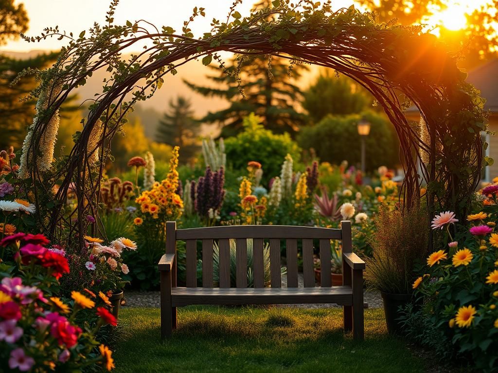 Flick International Serene garden scene at dusk with a variety of blooming flowers and a wooden bench under twisting vines