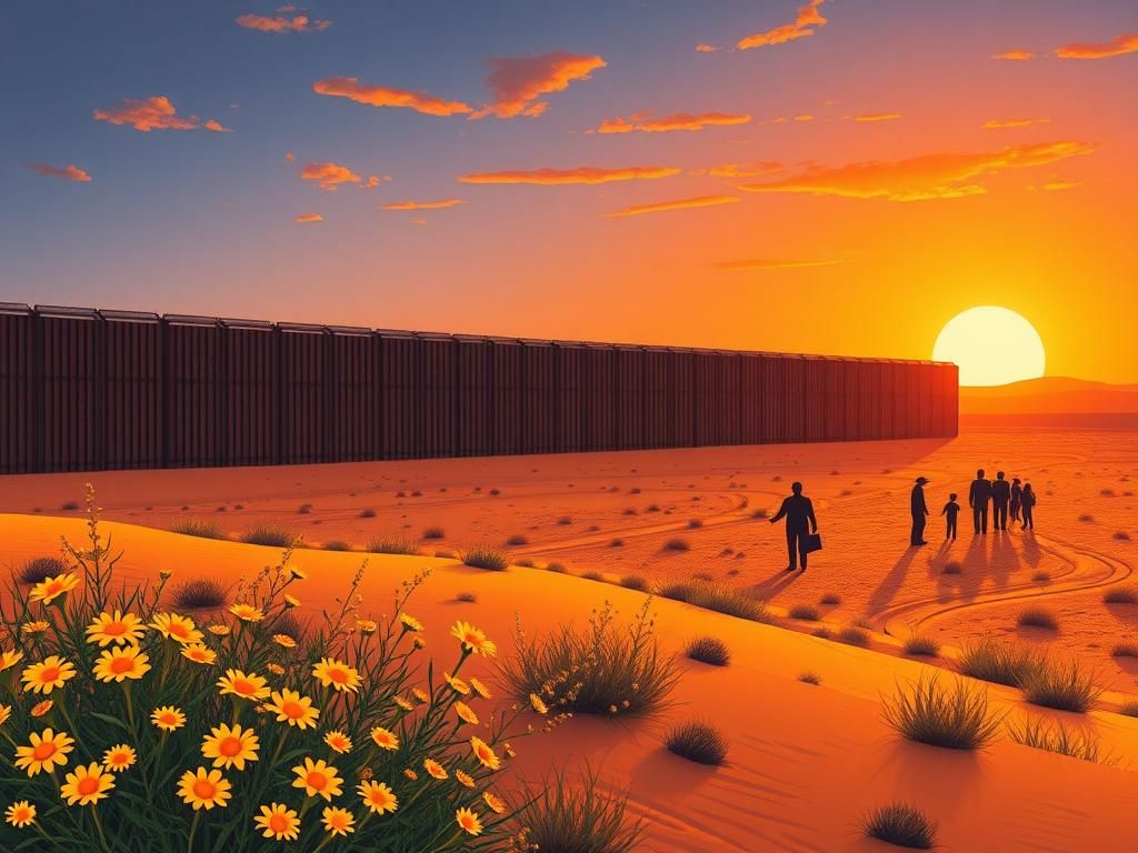 Flick International A large border wall in a desert landscape with blooming wildflowers in the foreground.