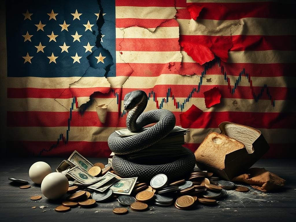 Flick International Abstract representation of a tumultuous economic landscape with financial graphs and a decaying American flag