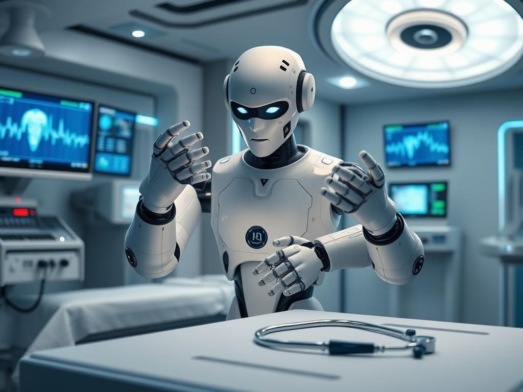 Flick International Humanoid robot performing medical procedures in a modern hospital room