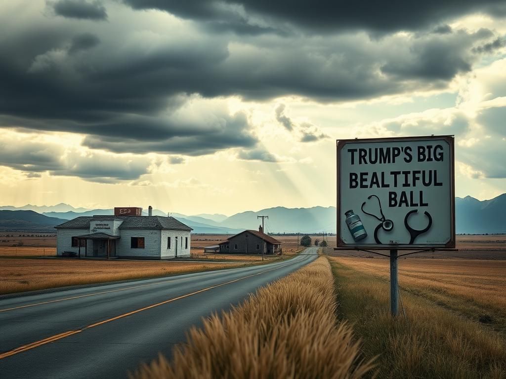 Flick International A rural hospital surrounded by fields and mountains with billboards targeting Trump’s healthcare policies