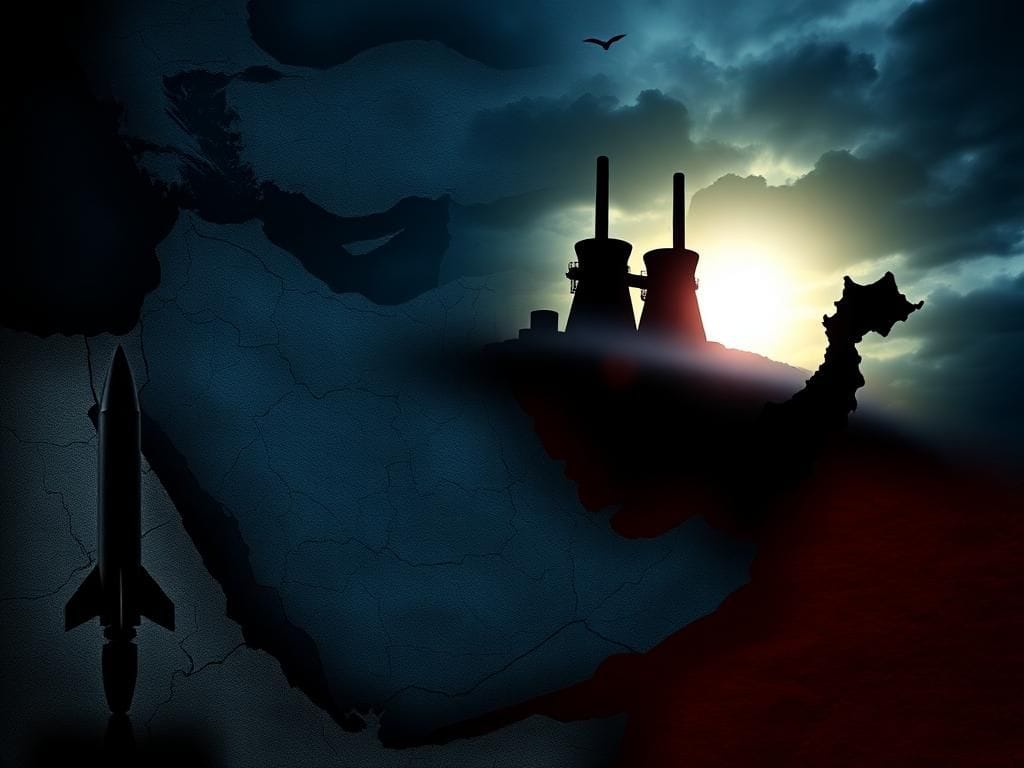 Flick International Abstract representation of geopolitical tension with a cracked map of the Middle East focusing on Iran and Israel.