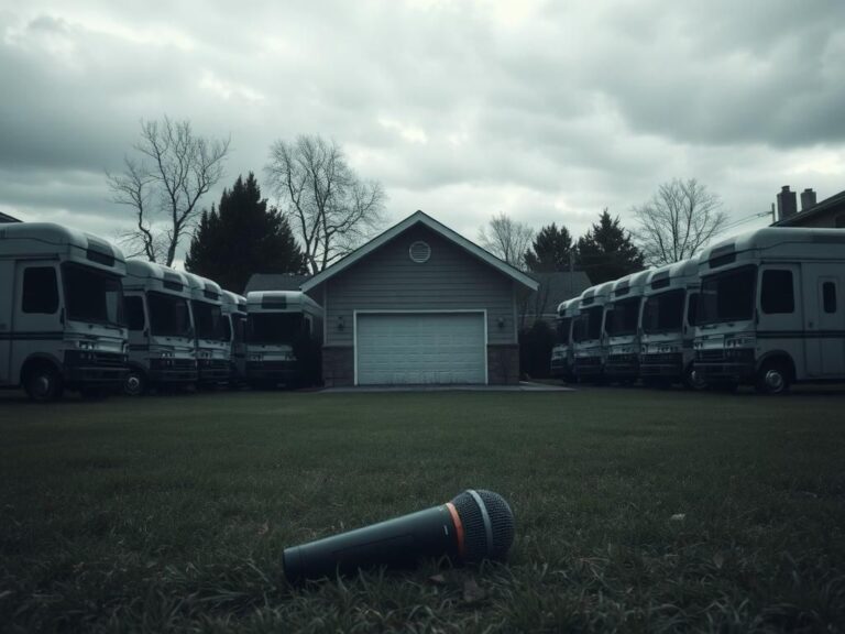 Flick International A somber suburban scene depicting a dimly lit house surrounded by empty media trucks, representing media invasion during personal struggles.