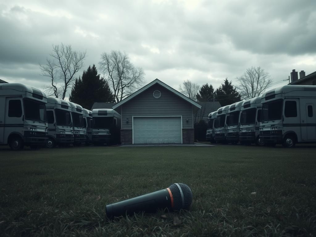 Flick International A somber suburban scene depicting a dimly lit house surrounded by empty media trucks, representing media invasion during personal struggles.