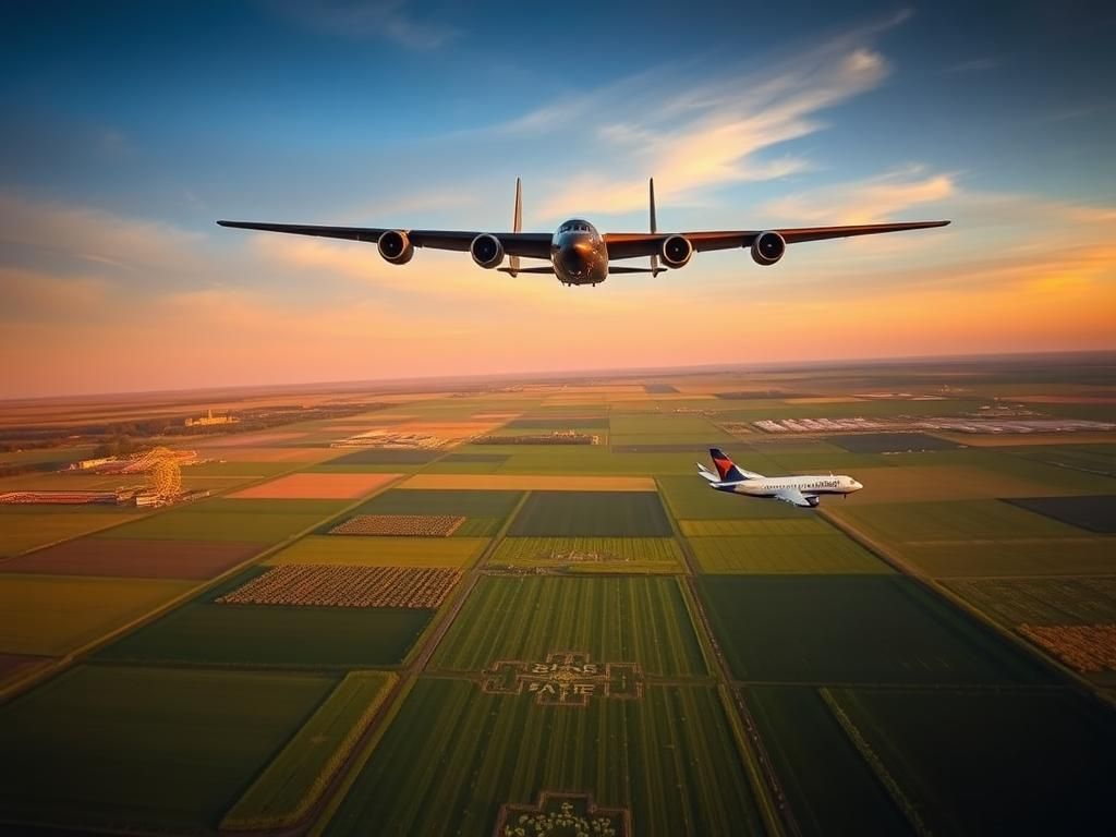Flick International A B-52 bomber flying above North Dakota farmland during sunset