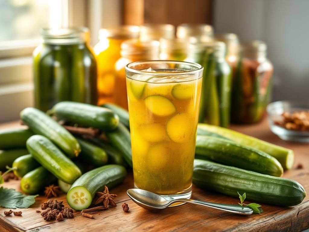 Flick International A glass of pickle juice on a rustic table surrounded by fresh cucumbers and spices.
