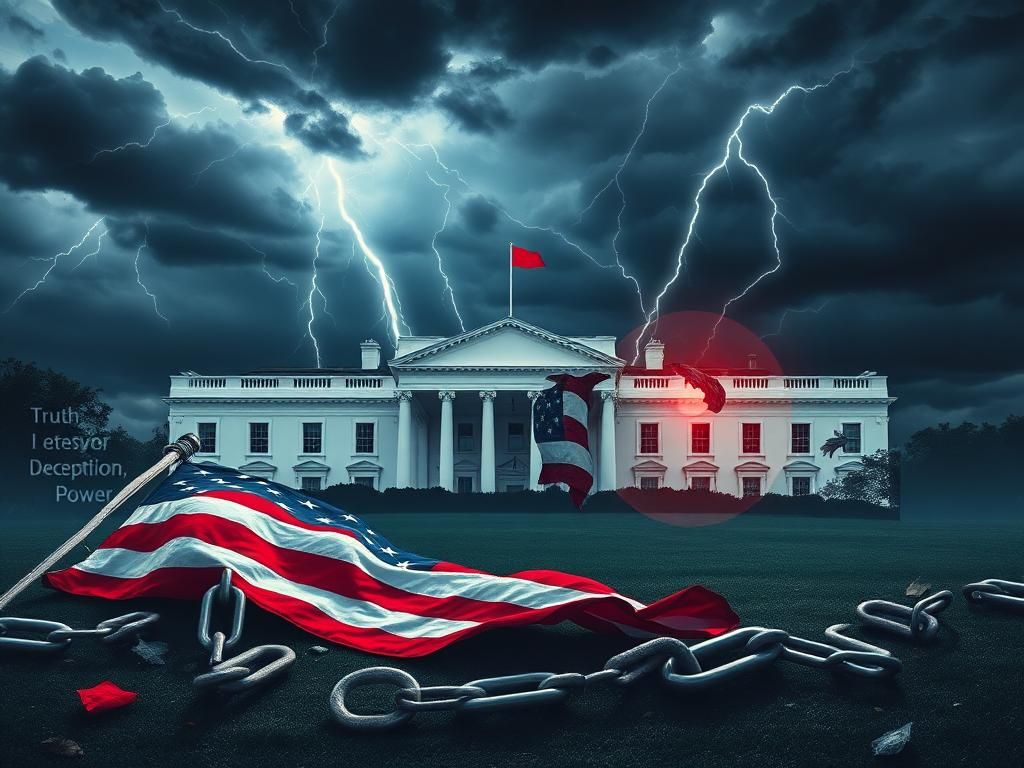 Flick International Abstract representation of a crumbling White House silhouette with a fragmented American flag