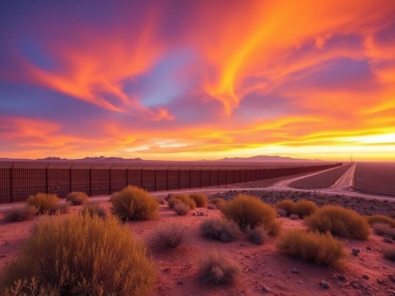 Flick International Panoramic view of the southern border with a newly constructed border wall at sunset