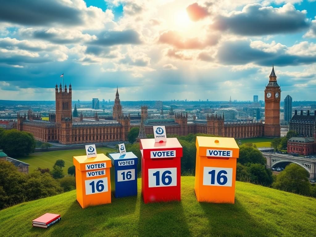 Flick International Vibrant British landscape featuring ballot boxes and symbols of youth representing the voting age reform