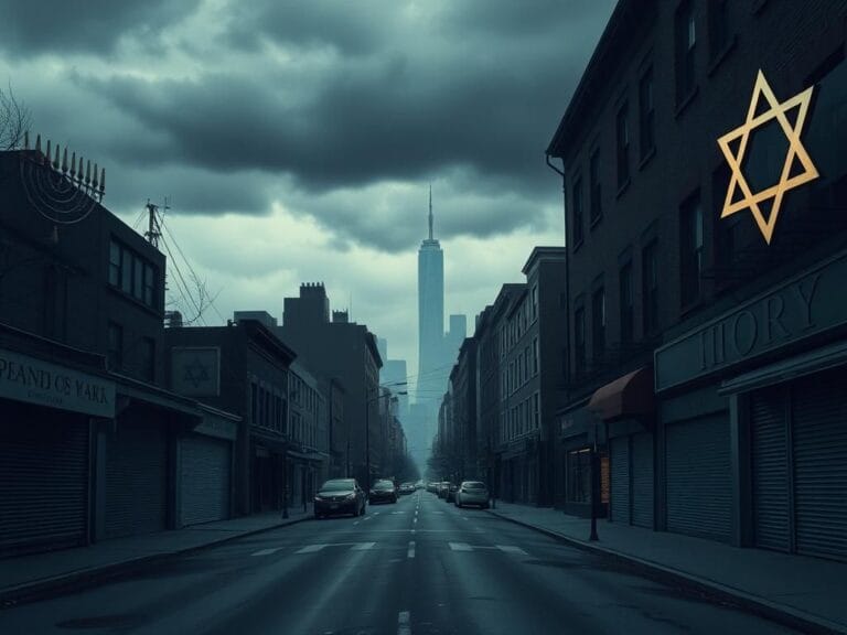 Flick International A somber urban scene in New York City with traditional Jewish symbols amidst closed shops and stormy skies