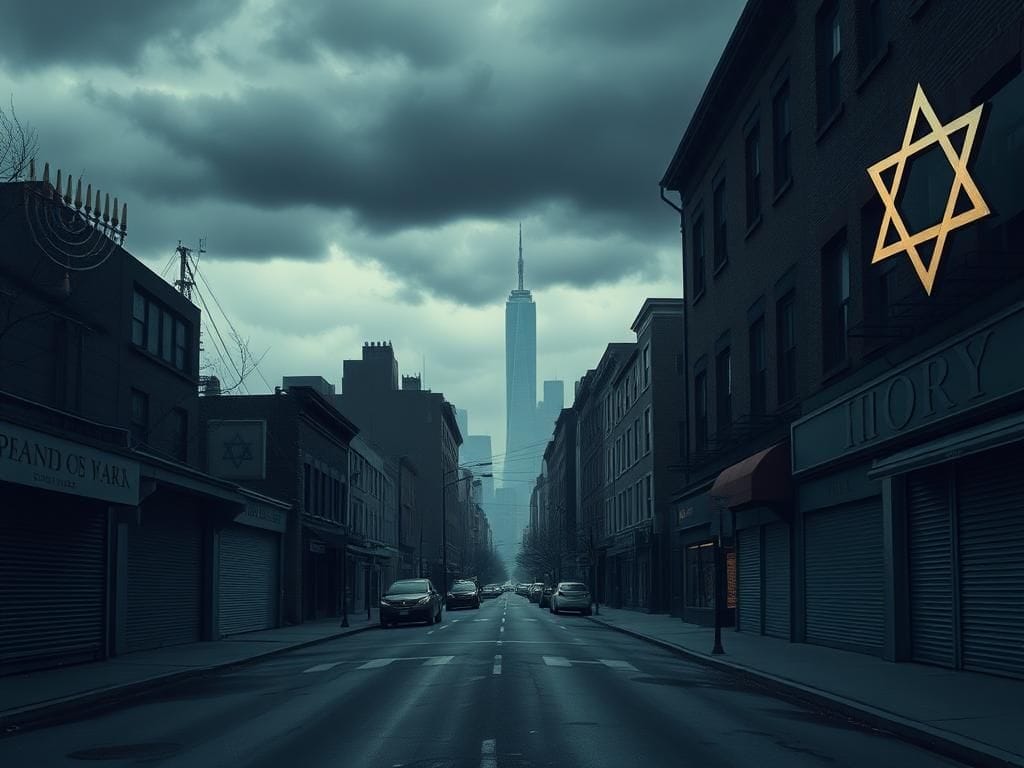 Flick International A somber urban scene in New York City with traditional Jewish symbols amidst closed shops and stormy skies