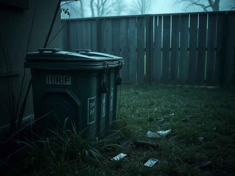 Flick International Dimly-lit backyard scene in Waukegan, Illinois, featuring a weathered garbage container