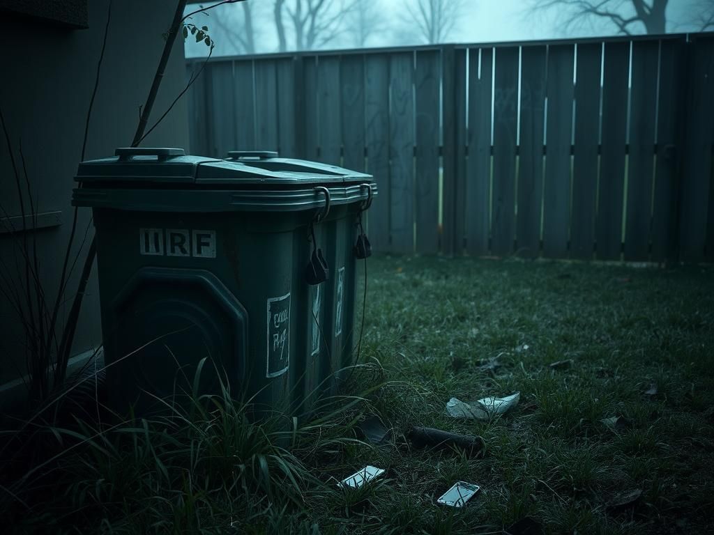 Flick International Dimly-lit backyard scene in Waukegan, Illinois, featuring a weathered garbage container