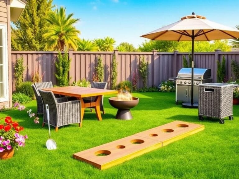 Flick International Vibrant backyard scene featuring a stylish outdoor dining set with a wooden table and wicker chairs surrounded by lush greenery and flowers.