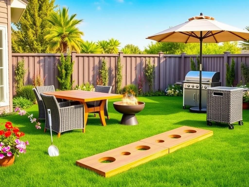 Flick International Vibrant backyard scene featuring a stylish outdoor dining set with a wooden table and wicker chairs surrounded by lush greenery and flowers.