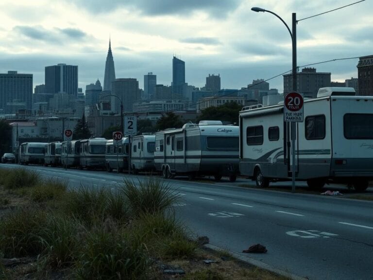 Flick International A row of abandoned recreational vehicles parked along a deserted San Francisco street at dawn