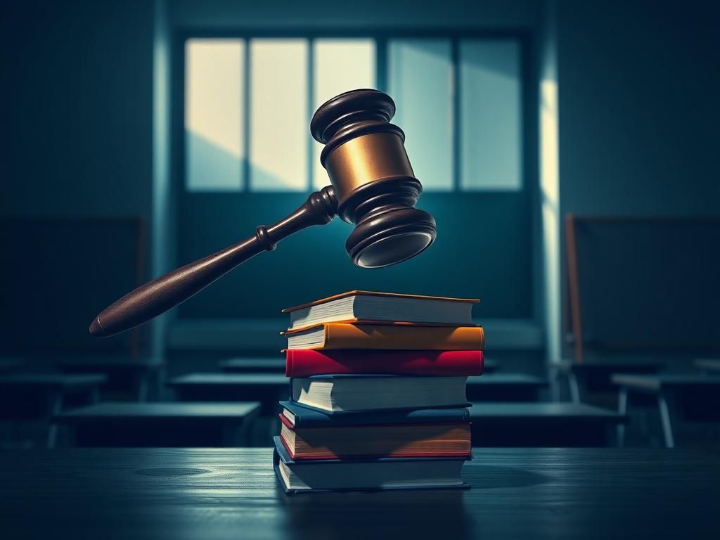 Flick International An abstract representation of a gavel striking down on a stack of books in a dimly lit classroom