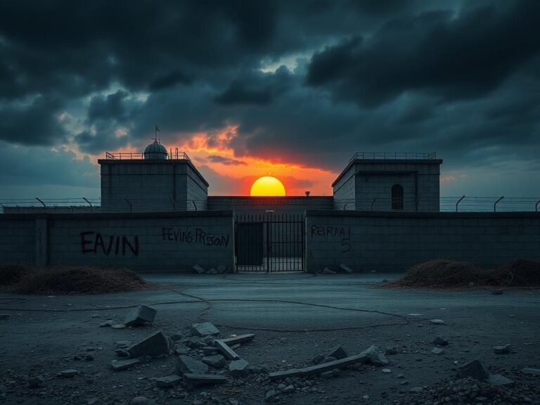 Flick International A stark scene of Evin Prison showcasing crumbling walls and heavy iron bars