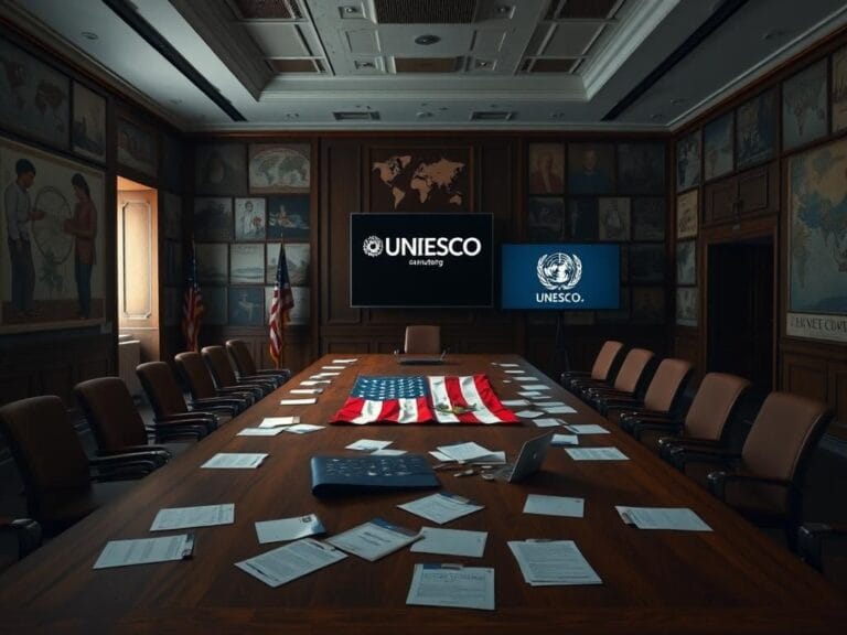 Flick International Empty conference room showcasing a large wooden table, scattered documents, and an overturned U.S. flag, symbolizing the withdrawal from UNESCO.