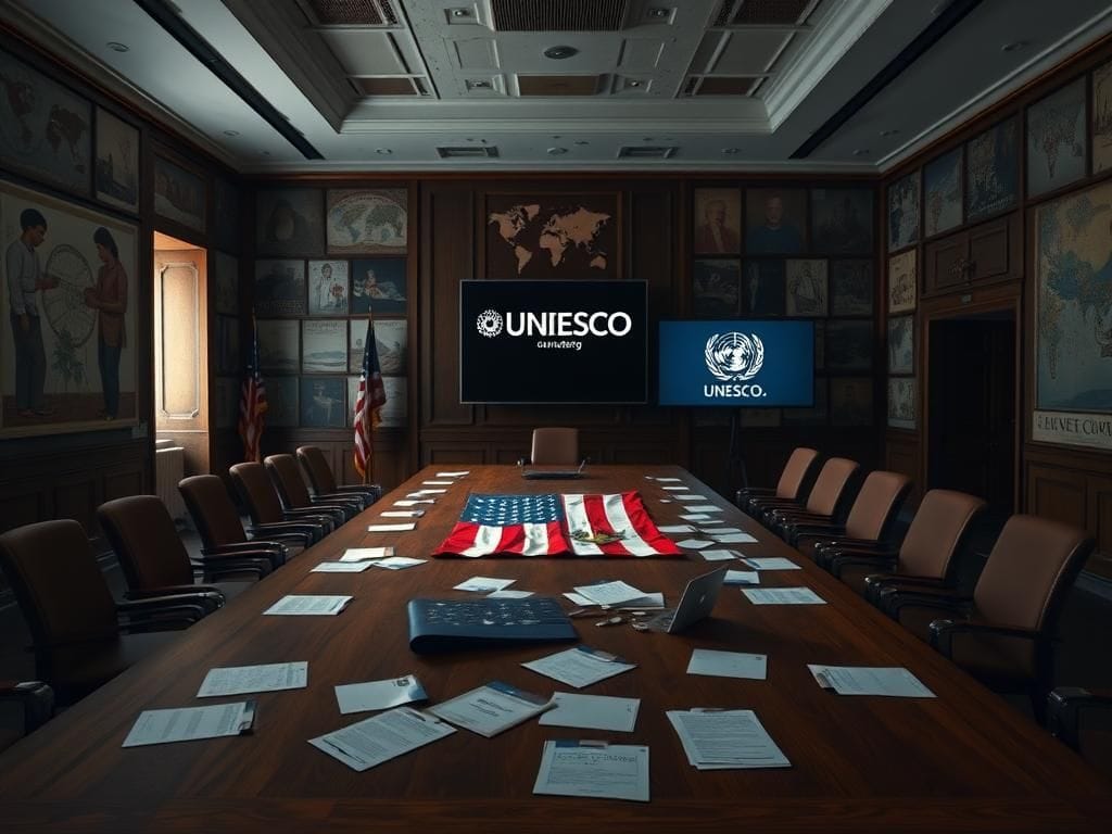 Flick International Empty conference room showcasing a large wooden table, scattered documents, and an overturned U.S. flag, symbolizing the withdrawal from UNESCO.