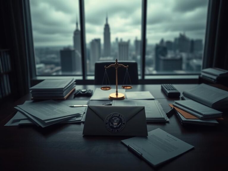 Flick International A dark legal office setting with a wooden desk and justice scales