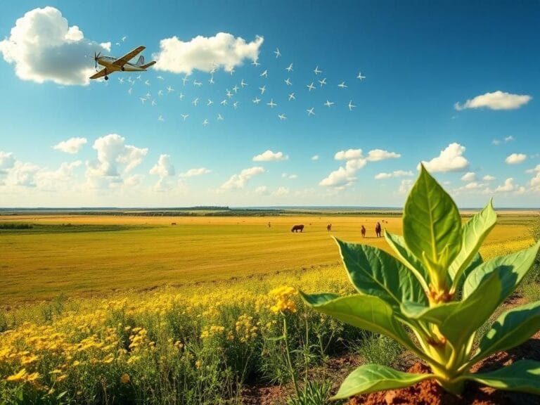 Flick International Panoramic view of Texas farmland with small airplane releasing sterilized flies