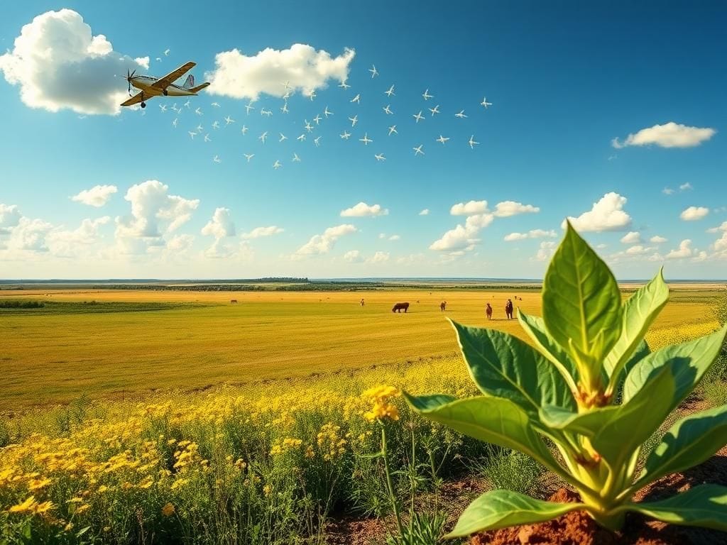 Flick International Panoramic view of Texas farmland with small airplane releasing sterilized flies