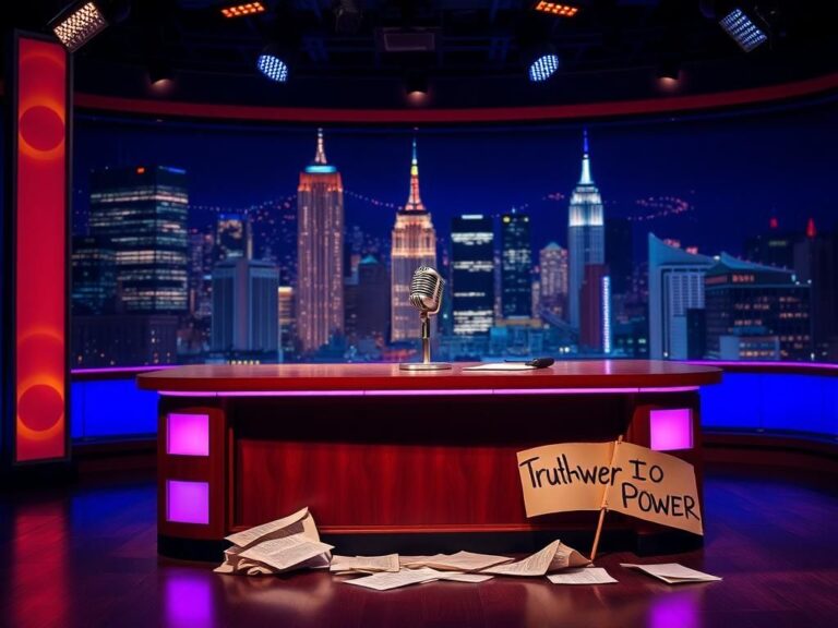 Flick International Vibrant late-night television studio set with empty desk and city skyline
