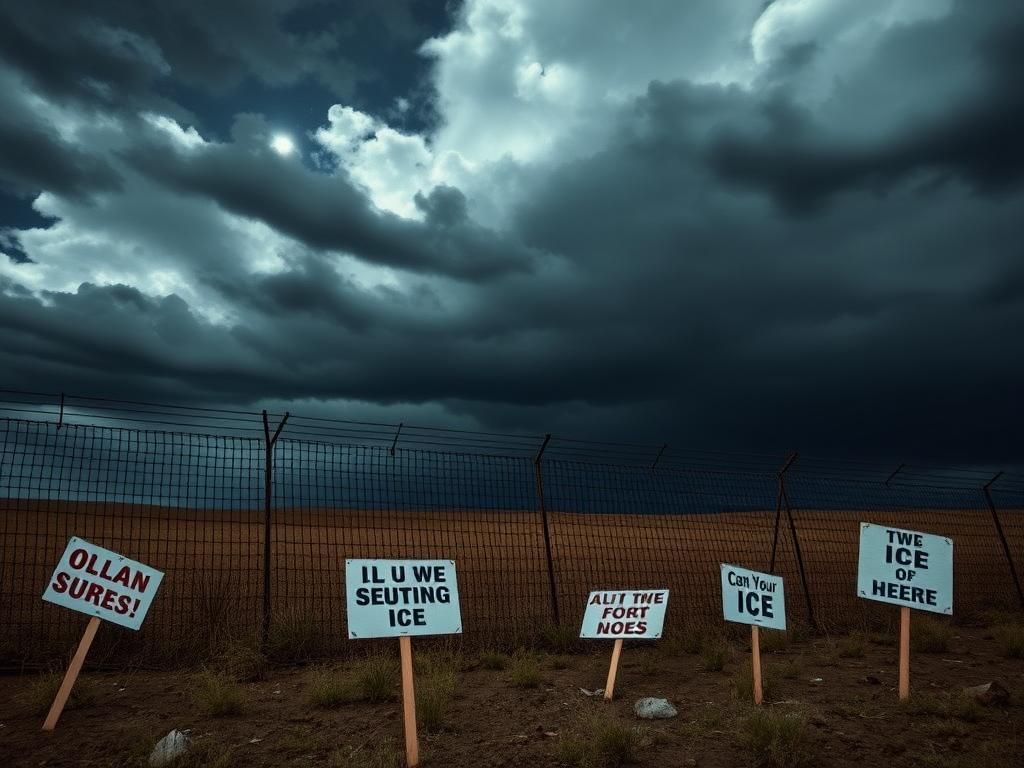 Flick International Worn border fence with stormy sky symbolizing immigration tension