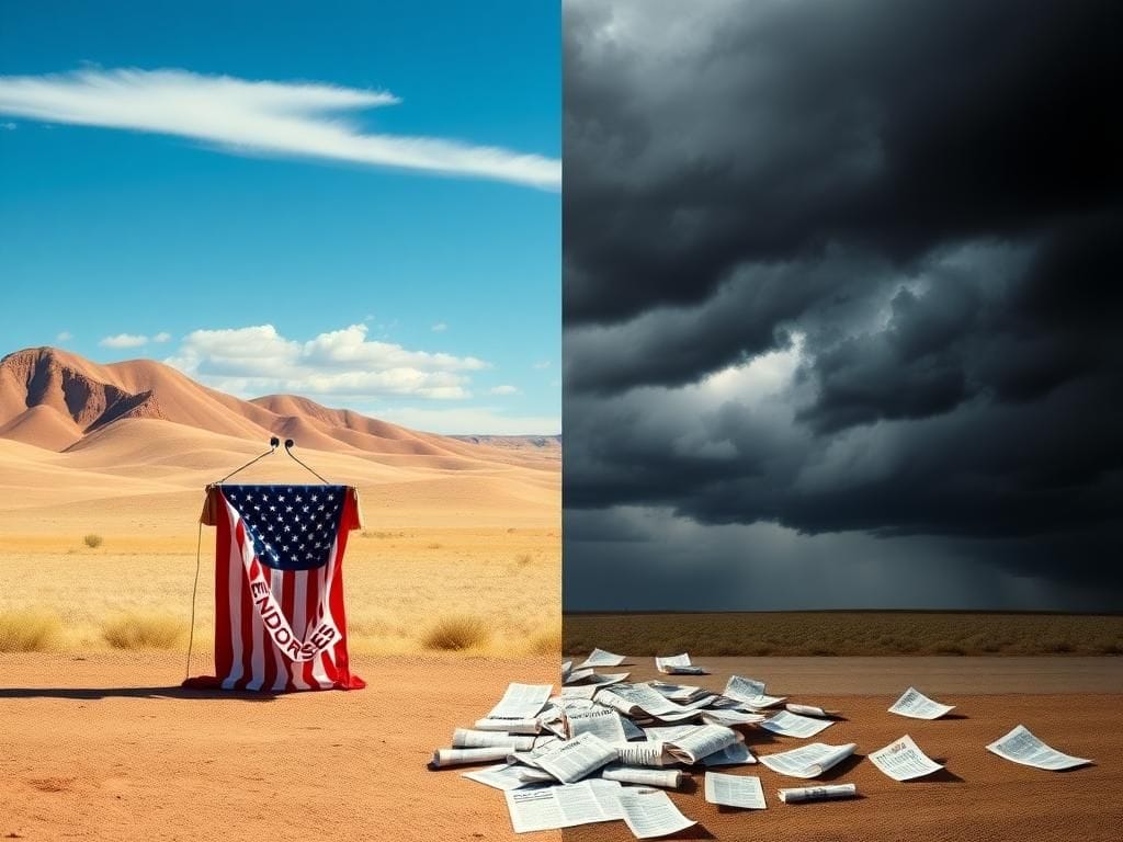 Flick International Split image depicting a South Dakota landscape with a podium representing political endorsement