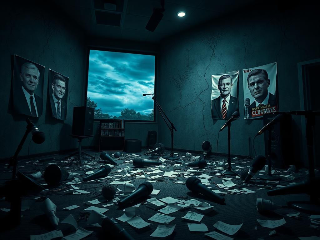 Flick International Dimly lit podcast studio filled with discarded microphones and crumpled notes, symbolizing tumultuous discussion