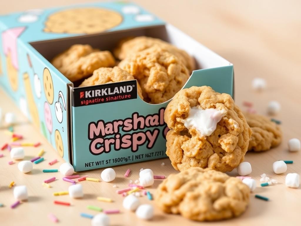 Flick International Close-up of Kirkland Signature Marshmallow Crispy Cookies in vibrant packaging with gooey cookies visible