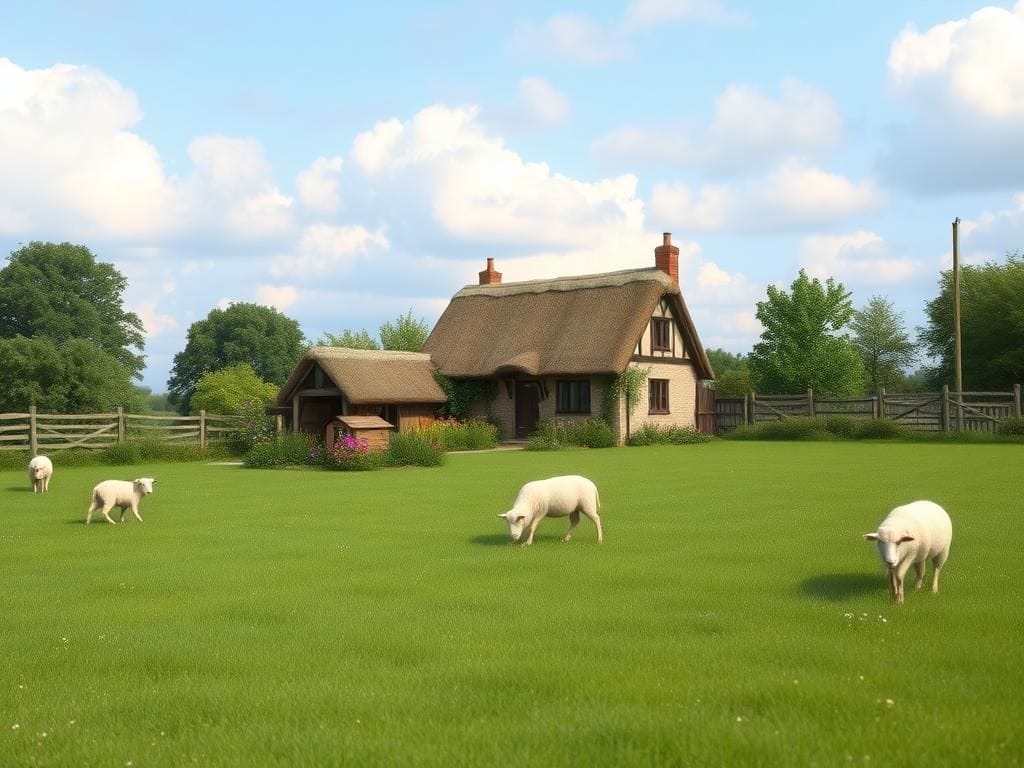 Flick International Serene English countryside scene with sheep grazing under a blue sky