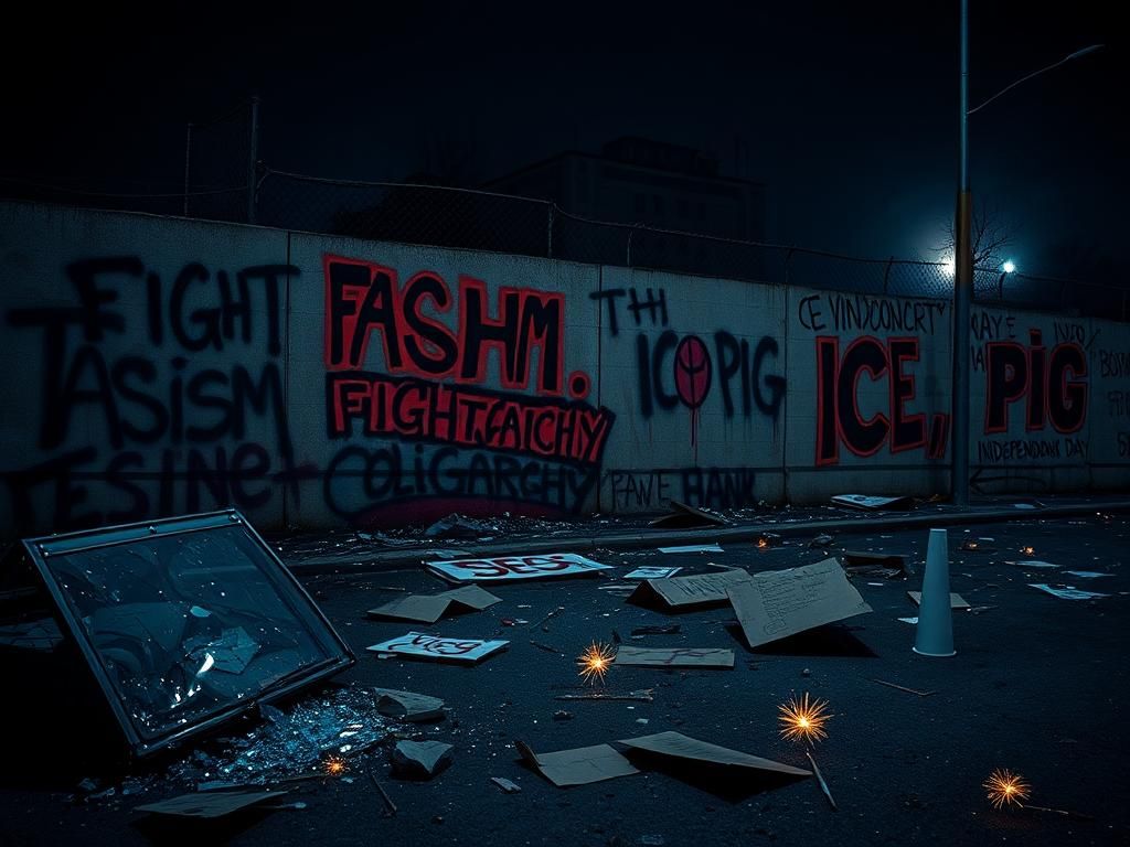 Flick International Dimly lit urban landscape showcasing graffiti with anti-government slogans amidst remnants of a protest scene