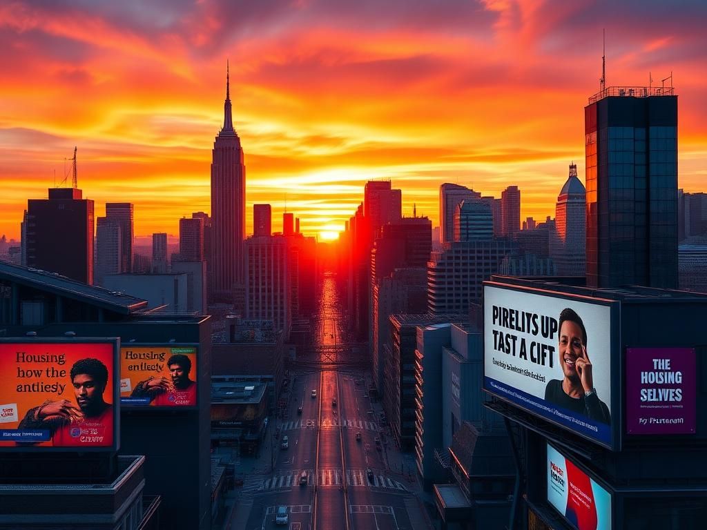 Flick International Aerial view of New York City skyline at sunset with prominent buildings and colorful billboards
