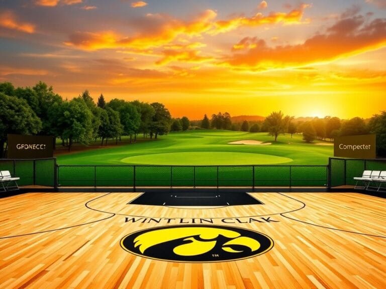 Flick International A vibrant scene showcasing a WNBA basketball court with Iowa colors and a golf course backdrop