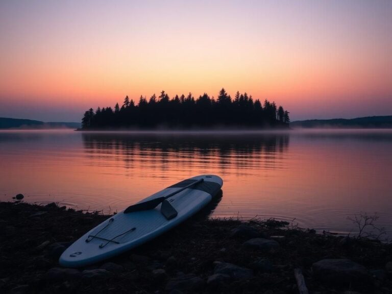 Flick International Twilight scene of Crawford Pond, Maine, with a paddleboard in the foreground