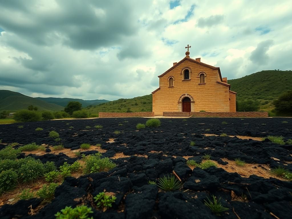 Flick International Church of St. George in Taybeh with charred earth in foreground