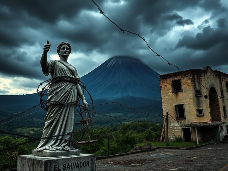 Flick International A dramatic landscape of El Salvador featuring a volcano and a stone statue representing justice