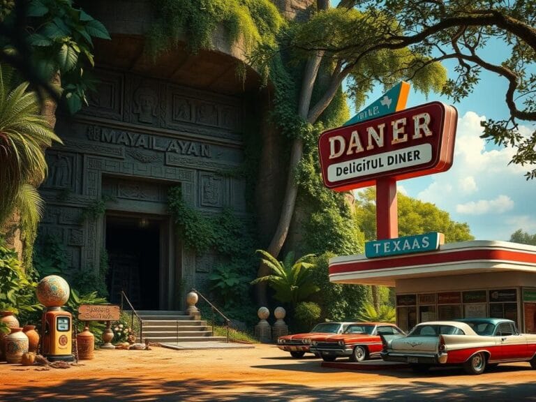 Flick International Ancient Mayan royal tomb surrounded by lush greenery and artifacts