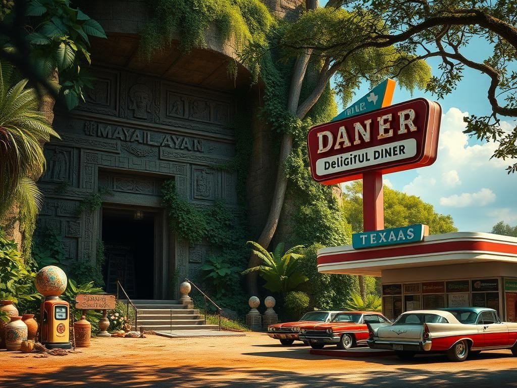 Flick International Ancient Mayan royal tomb surrounded by lush greenery and artifacts