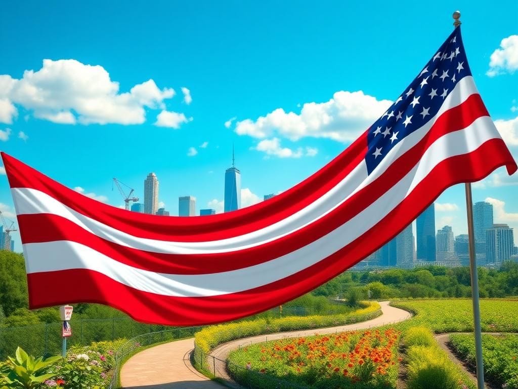 Flick International A vibrant American flag waving in front of a U.S. city skyline symbolizing economic revival