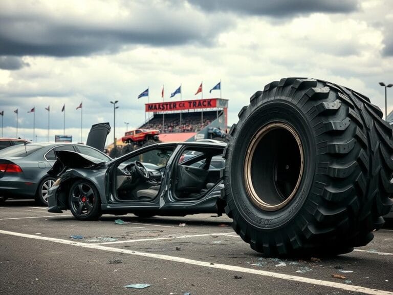 Flick International Detached monster truck wheel lies next to crushed cars in Washington parking lot