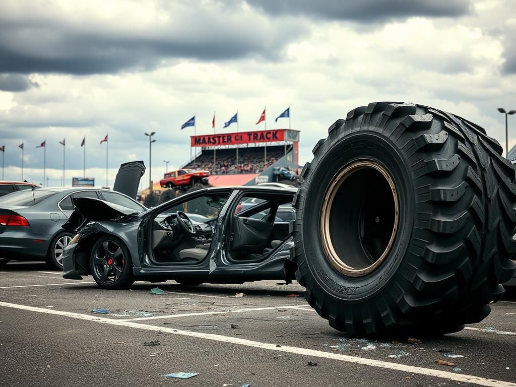 Flick International Detached monster truck wheel lies next to crushed cars in Washington parking lot