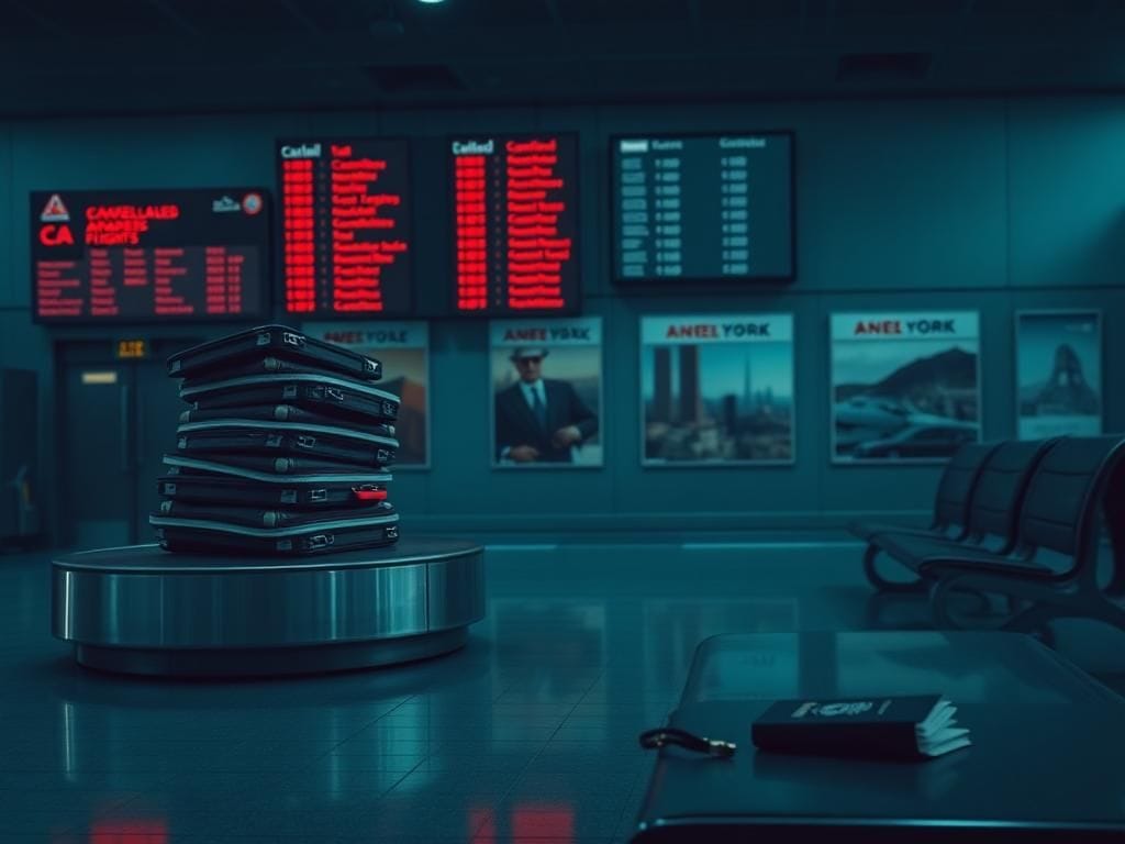Flick International Empty airport terminal with unclaimed luggage symbolizing travel restrictions