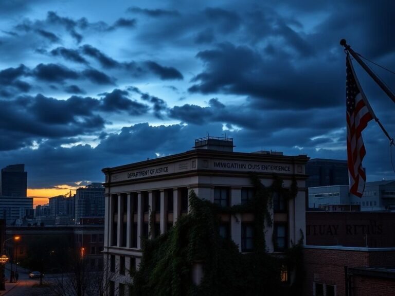 Flick International Urban skyline of Louisville, Kentucky at dusk, featuring a law enforcement building and broken chains symbolizing immigration policy complexities.